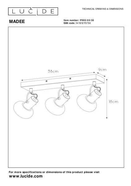 Lucide MADEE - Plafondspot - 3xE14 - Zwart - technisch